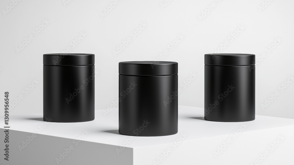 Trio of elegant black vases arranged on a white surface captured in a realistic photography style for quality display Trio of elegant black vases arranged on a white surface captured in a realistic photography style for quality display