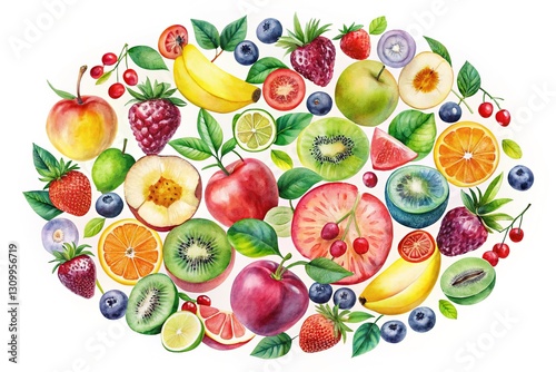 Circular fruit print, watercolor design, landscape-themed fabric.