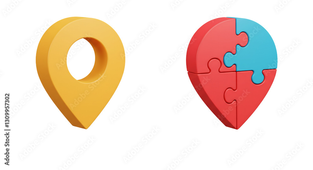 Fototapeta premium Location Pin Icons: 3D Map Pointer with Jigsaw Puzzle Concept