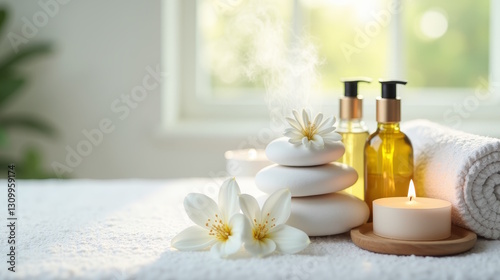  spa, candle, aromatherapy, relaxation, towel, steam, water, blue, jar, oil, beauty, healthy,  white flowers, bokeh, romantic,