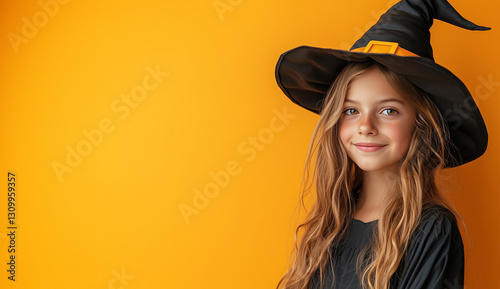 Cute Girl Dressed as a Witch for Halloween on an Orange Background