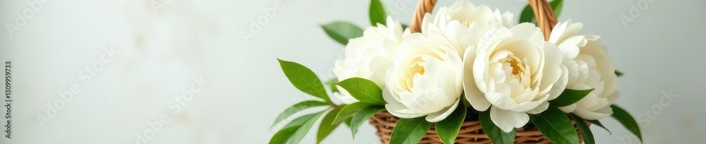 Fototapeta premium Freshly picked white peony flowers in a garden basket, white, arrangement