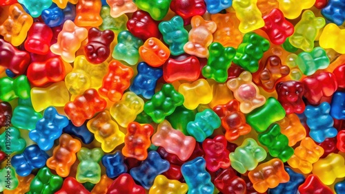 A vibrant tapestry of gummy bear candies in an assortment of colors, creating a cheerful and tempting visual feast.