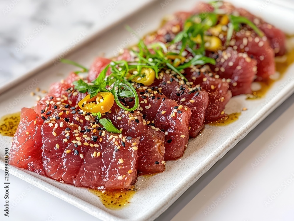 Fototapeta premium Freshly Prepared Sliced Tuna on Plate Garnished with Green Onion, Sesame Seeds and Chili Slices in Beautiful Presentation for Culinary Art
