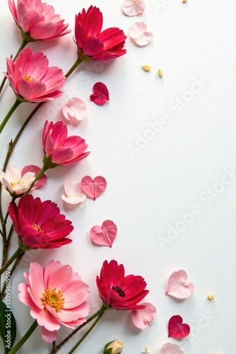 Heart-shaped flowers scattered on white canvas, spring, garden, flowers