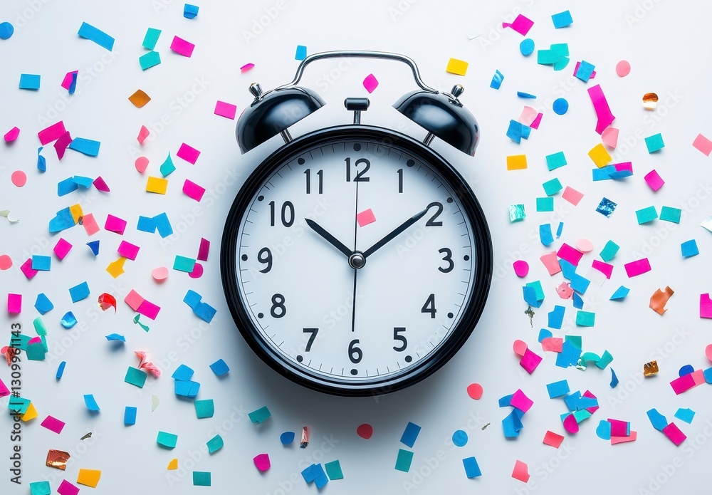 Black Alarm Clock Amidst Colorful Confetti on White Background Black Alarm Clock Amidst Colorful Confetti on White Background