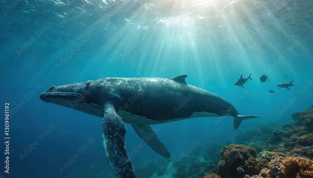 Underwater shot of mighty humpback whale swimming in blue ocean with sun rays and school of fish. Marine life, conservation, nature stock for oceanographic projects. The beauty of wild nature. Underwater shot of mighty humpback whale swimming in blue ocean with sun rays and school of fish. Marine life, conservation, nature stock for oceanographic projects. The beauty of wild nature.