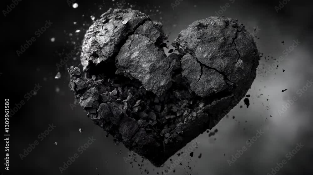 grunge heart in the dark, heart of stone, feelings broken, love, stone heart breaks into pieces