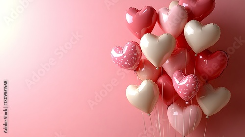 A collection of heart shaped balloons on a gradient pink background