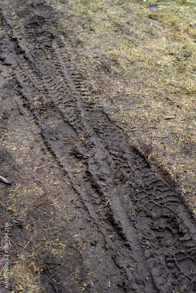 Explore the Fascinating Patterns and Textures of Muddy Wheel and Foot Tracks in a Woodland Path, Highlighting Natural Outdoors Environmental Impressions Explore the Fascinating Patterns and Textures of Muddy Wheel and Foot Tracks in a Woodland Path, Highlighting Natural Outdoors Environmental Impressions