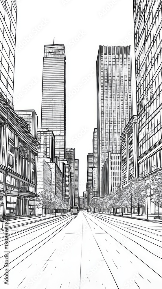 Obraz premium Cityscape architecture urban downtown street view with skyscrapers, trees. Design use