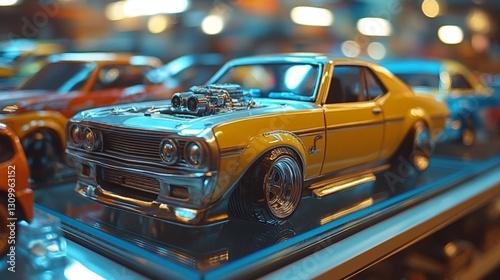 A yellow car with a chrome grill sits on a shelf with other cars. The scene is a display of toy cars, and the yellow car is the center of attention