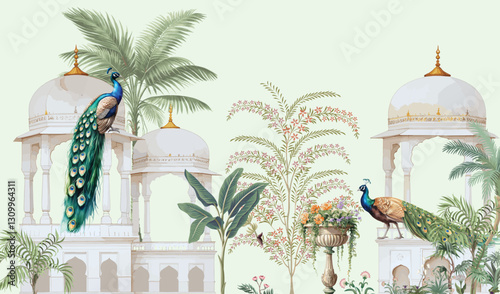 Mughal garden, arch, peacock, plant botanical landscape illustration. Trend mural wallpaper.