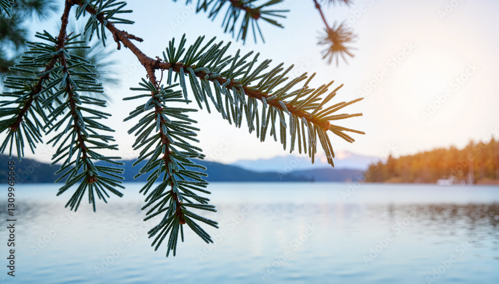 Frosted pine needles hanging over serene lake, winter tranquility Frosted pine needles hanging over serene lake, winter tranquility