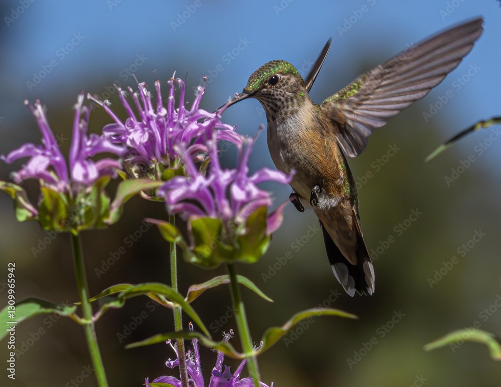 Naklejka premium Various broad tailed hummingbirds on bee balm and geraniums 