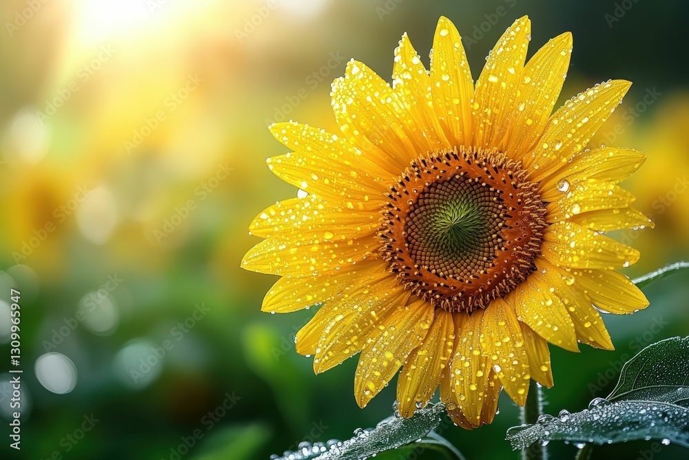 Naklejka premium Dew-kissed sunflower, vibrant yellow petals, sunlit field.