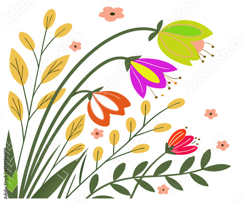 Spring card, banner or horizontal poster for spring holidays with cute flowers pattern. Hand drawn Floral art template for Easter,, birthday or Mothers Day decor and greetings