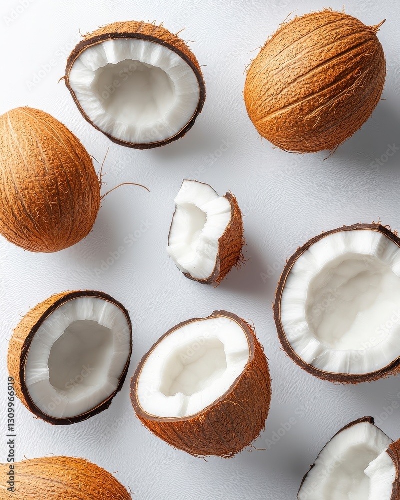 Brown Coconuts Halved on White Background Brown Coconuts Halved on White Background