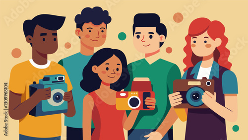 A group of teenagers marveled at a collection of vintage cameras eager to take them home and start their own photography hobby.. Vector illustration