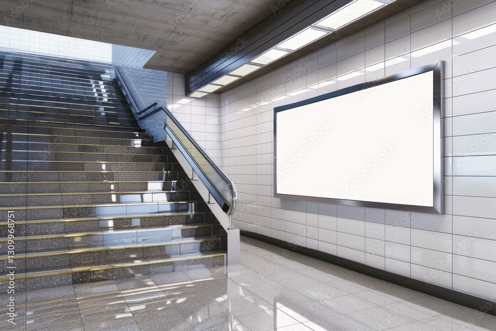 Fototapeta premium Empty subway wall billboard next to wide stairwell in modern underground station