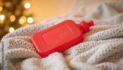 Cozy red hot water bottle resting on knitted blanket, winter warmth