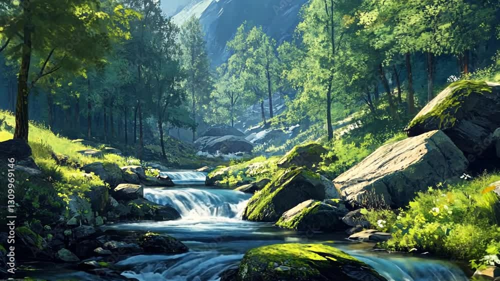 Serene forest stream cascading over mossy rocks in a lush green environment landscape