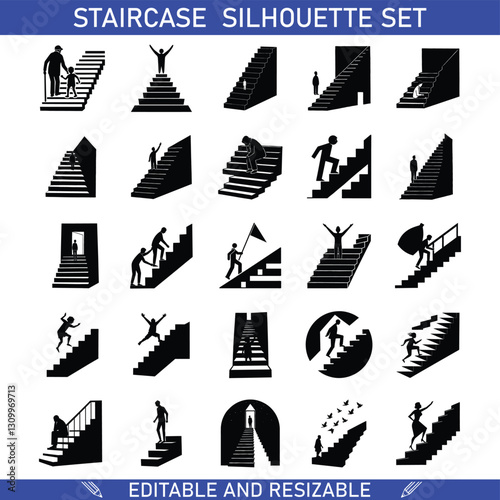 Staircase Silhouette Set Editable, Resizable Icons for Design
