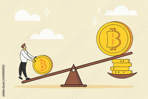 Bitcoin and crypto currency store of value compare to dollar money, inflation reduce value or investment asset choices concept, businessman investor stand with Bitcoin seesaw Dollar money coins.