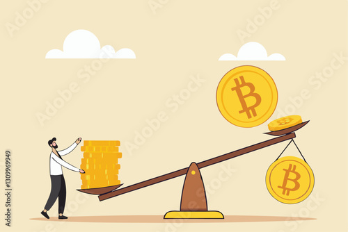 Bitcoin and crypto currency store of value compare to dollar money, inflation reduce value or investment asset choices concept, businessman investor stand with Bitcoin seesaw Dollar money coins.