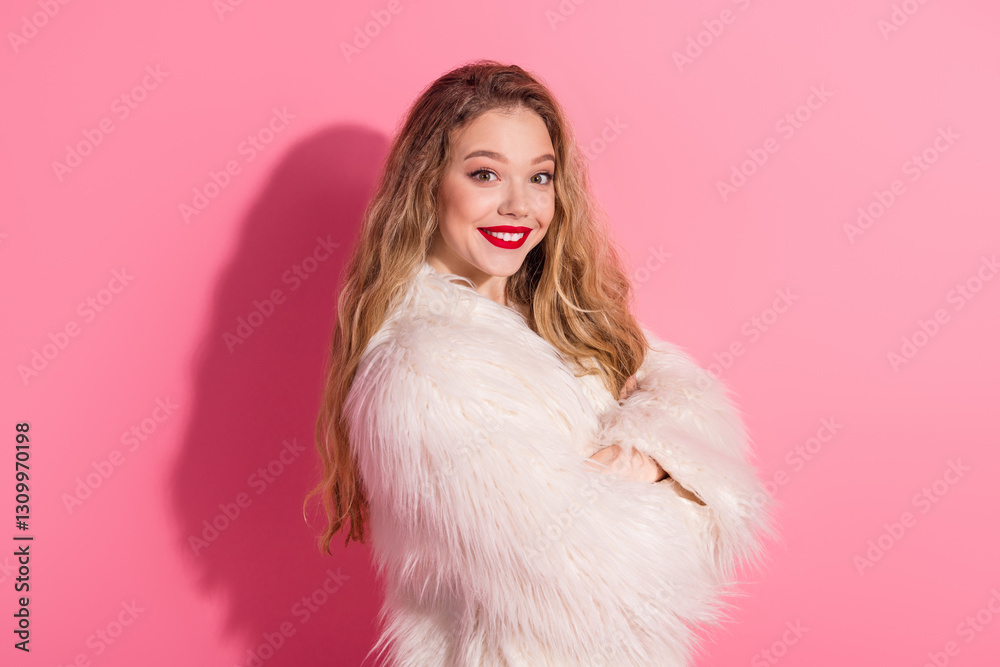 Charming blonde woman in fur coat smiling brightly against a pink background, depicted in a glamorous and trendy style. Charming blonde woman in fur coat smiling brightly against a pink background, depicted in a glamorous and trendy style.