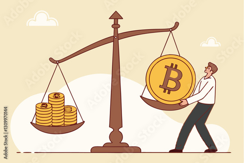 Bitcoin and crypto currency store of value compare to dollar money, inflation reduce value or investment asset choices concept, businessman investor stand with Bitcoin seesaw Dollar money coins.