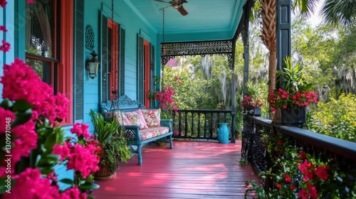 Vibrant teal porch with pink flowers and swing