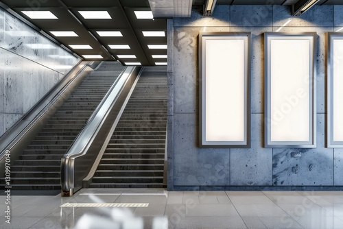 Fototapeta Naklejka Na Ścianę i Meble -  Blank billboard Thin white frames mockup on wall beside stairs in subway station