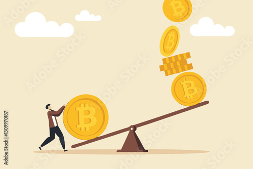 Bitcoin and crypto currency store of value compare to dollar money, inflation reduce value or investment asset choices concept, businessman investor stand with Bitcoin seesaw Dollar money coins.