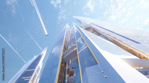 Futuristic skyscraper, city skyline, airplane trails, modern architecture, design concept