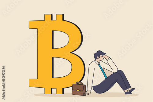 Fear, uncertainty and doubt acronym as FUD in crypto currency trading by spread information concept, confused businessman investor sitting with fear on Bitcoin symbol.