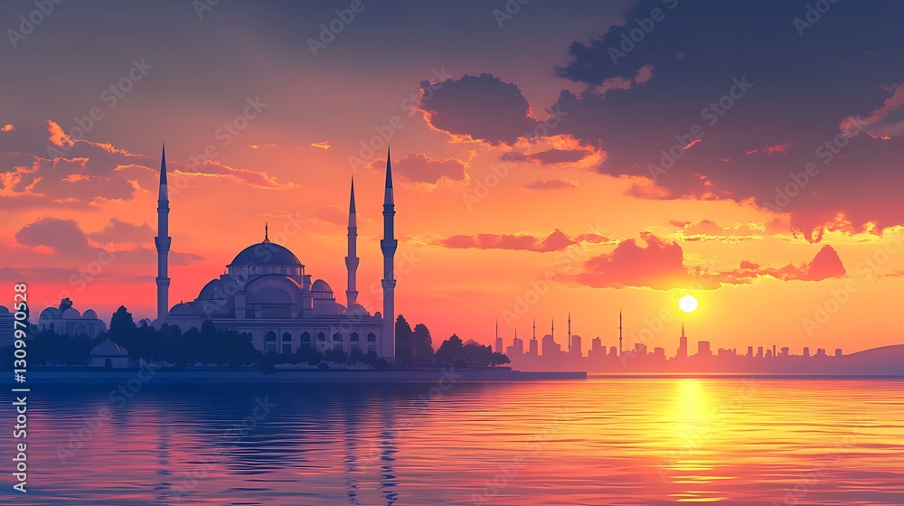 Fototapeta premium Sunset Mosque Istanbul Skyline Silhouette