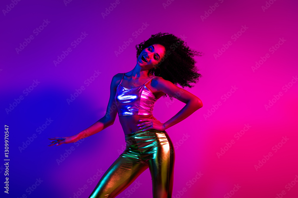 A stylish young woman enjoying herself in vibrant neon lights with colorful fashion, expressing happiness and charm A stylish young woman enjoying herself in vibrant neon lights with colorful fashion, expressing happiness and charm