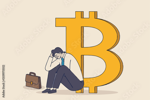 Fear, uncertainty and doubt acronym as FUD in crypto currency trading by spread information concept, confused businessman investor sitting with fear on Bitcoin symbol.