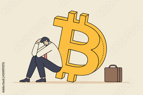 Fear, uncertainty and doubt acronym as FUD in crypto currency trading by spread information concept, confused businessman investor sitting with fear on Bitcoin symbol.