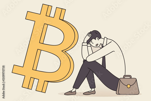 Fear, uncertainty and doubt acronym as FUD in crypto currency trading by spread information concept, confused businessman investor sitting with fear on Bitcoin symbol.