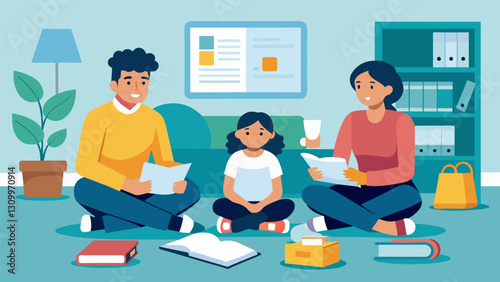 The parents sit in the living room surrounded by stacks of brochures and price lists from various universities as they weigh the pros and cons of each. Vector illustration