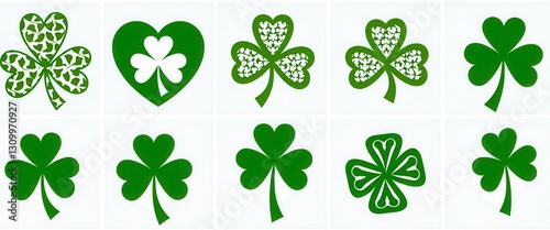 St. Patrick's Day Green FourLeaf Clovers Clipart Collection. A collection of four leaf clovers with patterns. photo