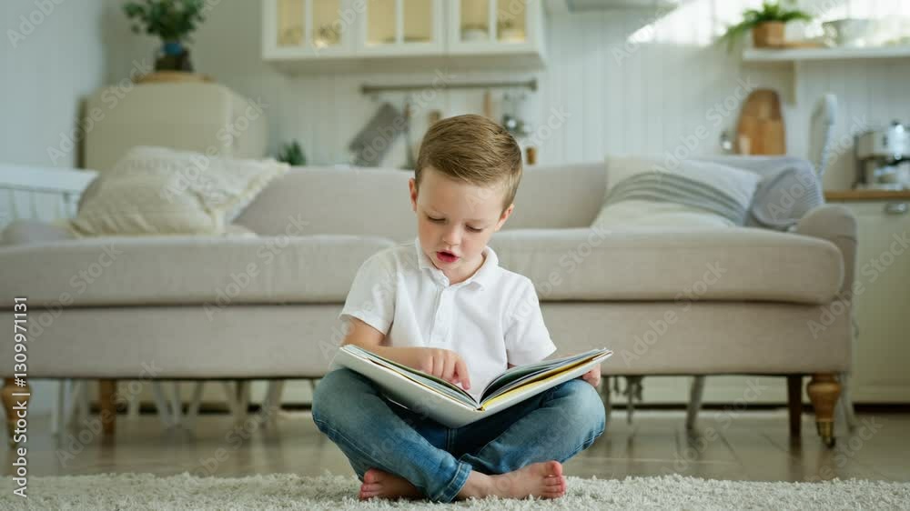 Focused little boy learns to read interesting book sitting on fluffy rug at home Focused little boy learns to read interesting book sitting on fluffy rug at home
