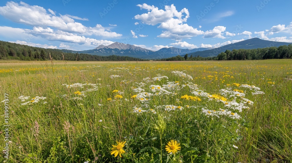 Obraz premium Sunlit Meadow Mountain Landscape Panorama Nature Photography