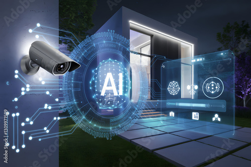 Urban home security system with a surveillance camera. A hologram depicting how secure a home is with the help of AI