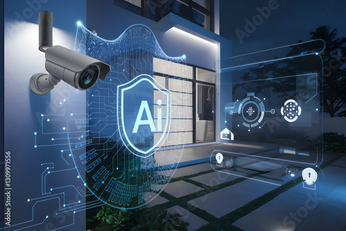 Urban home security system with a surveillance camera. A hologram depicting how secure a home is with the help of AI