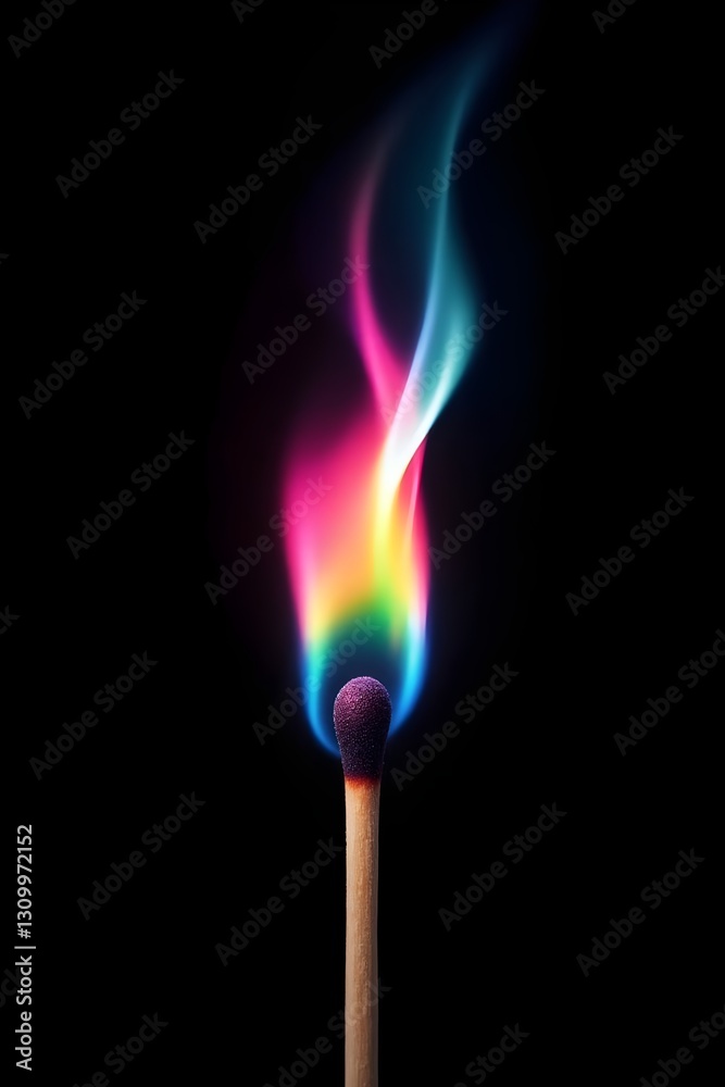 A colorful flame burns from a matchstick, creating a vibrant display of rainbow hues against a dark background.