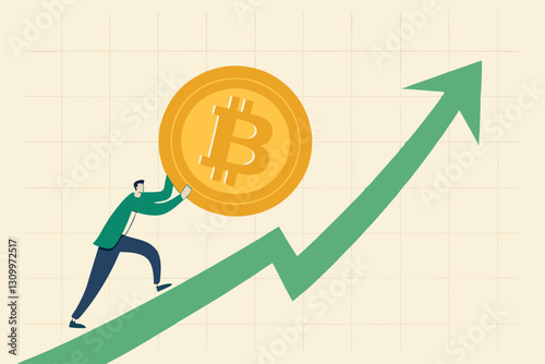 Bitcoin and crypto price rising up, soaring and price increase, crypto currency value growth, mass adoption concept, businessman investor trying hard to push bitcoin up rising up arrow graph and chart