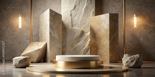 Modern minimalist product display with a stone and gold podium illuminated by warm light